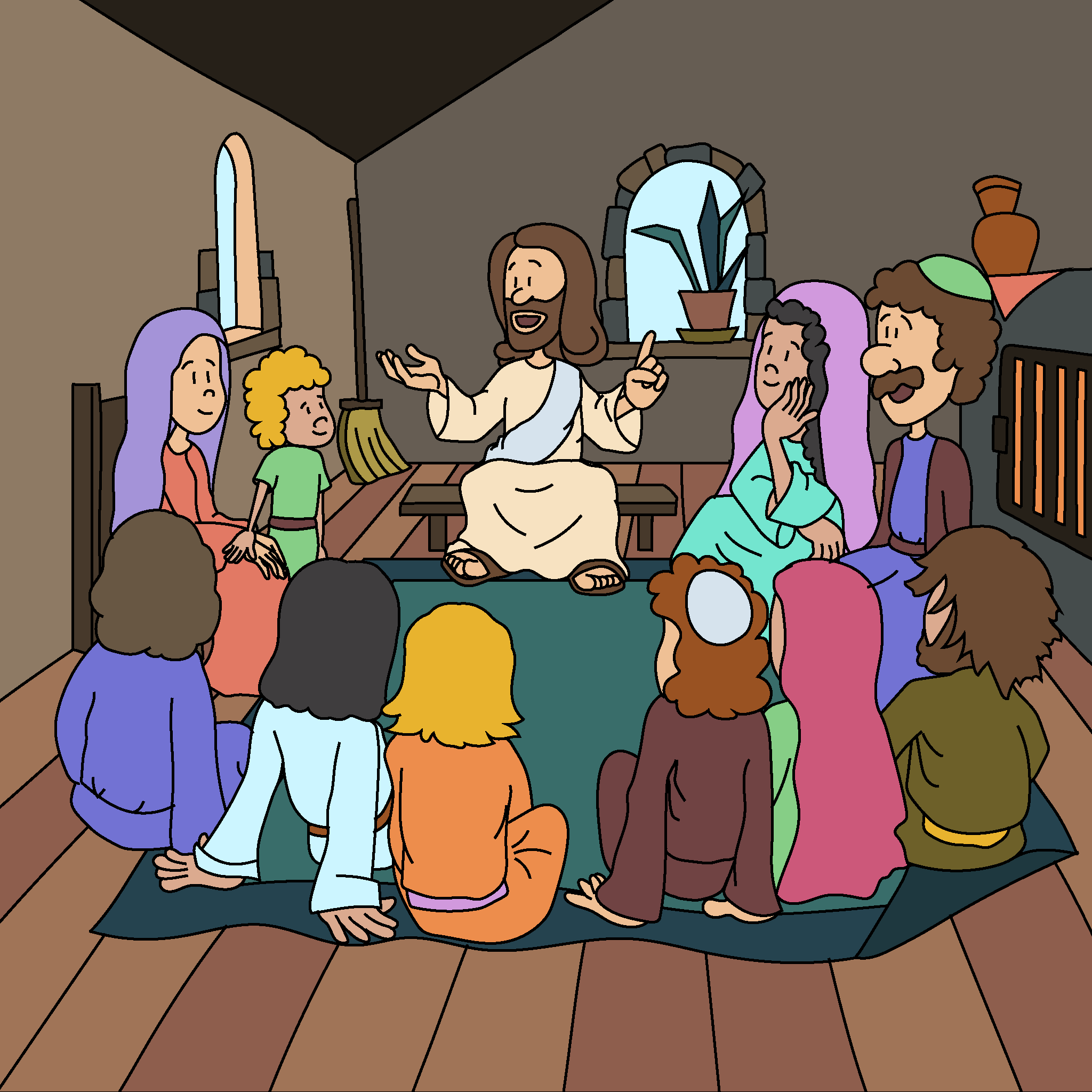 Jesus lehrt eine Menschenmenge.