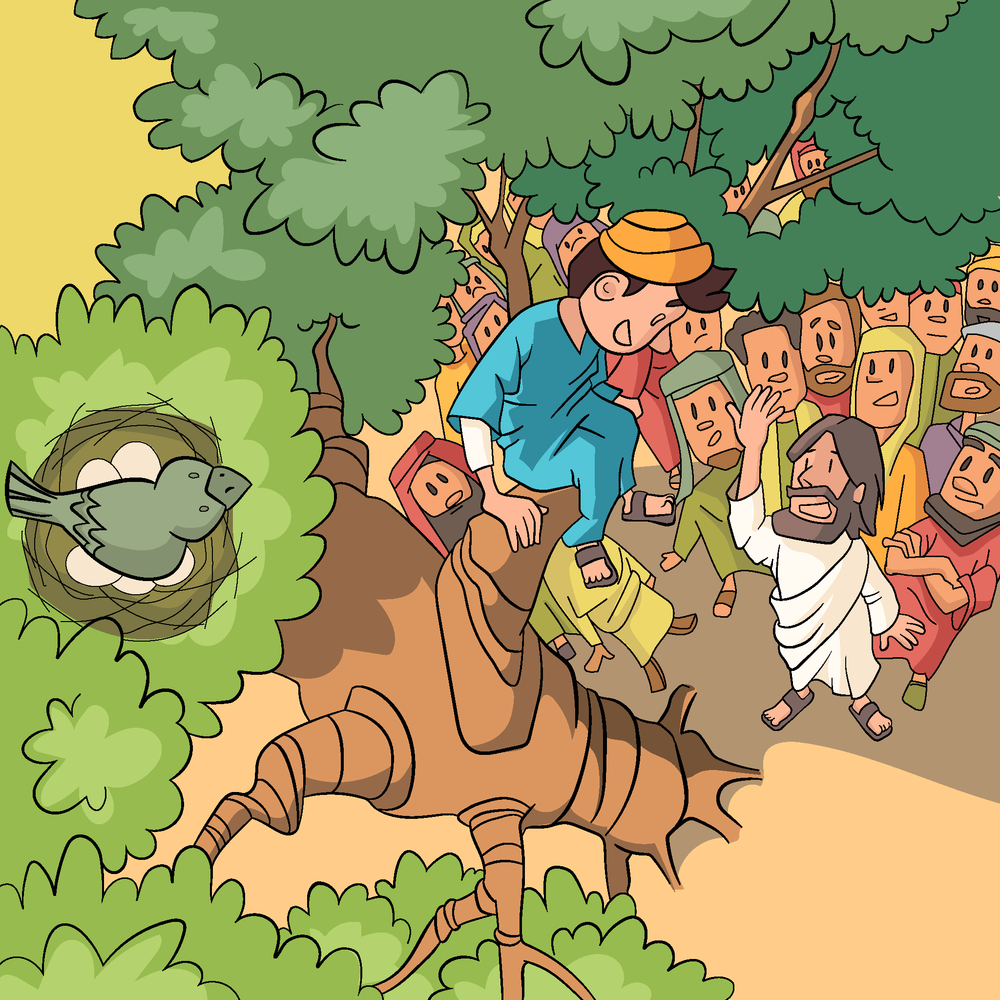 Zaqueo se sube a un árbol para ver a Jesús.