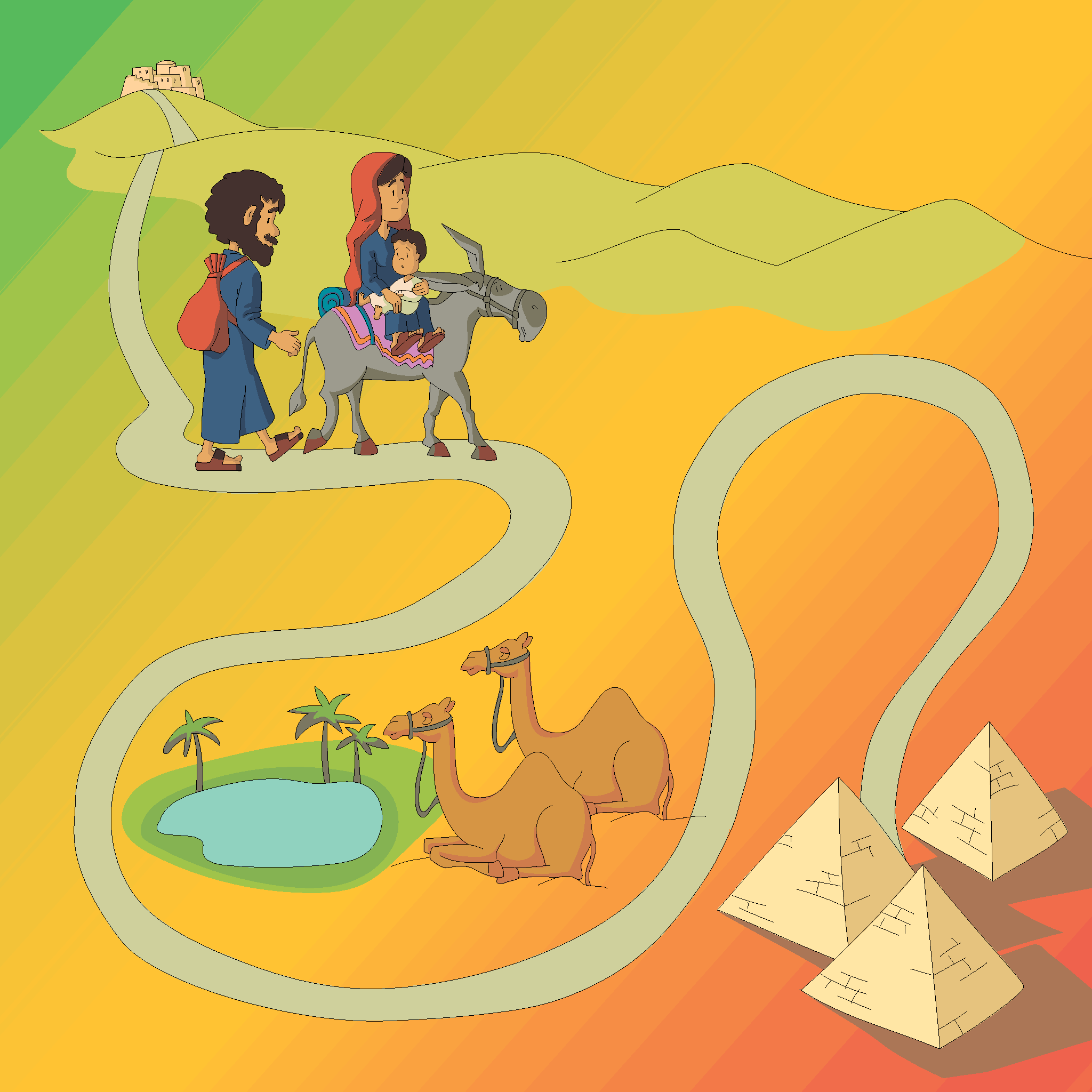 Maria, Josef und Jesus fliehen nach Ägypten.