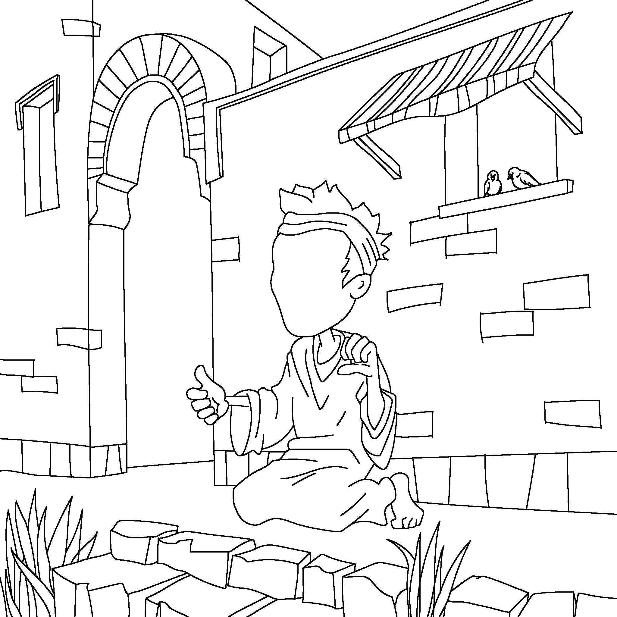 A blind man kneels on the ground, reaching out his hands as Jesus miraculously heals him and restores his sight, showing God's love and power (John 9).