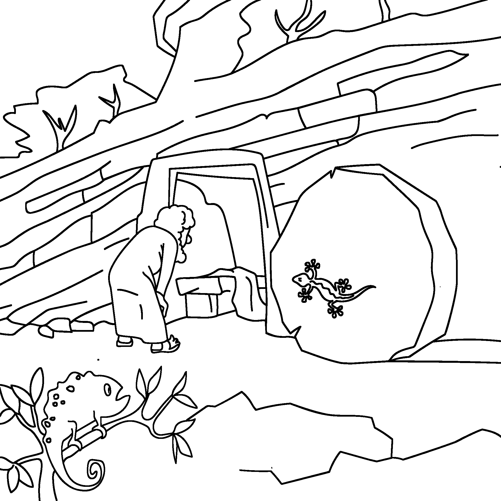 Petrus beugt sich vor, schaut in das leere Grab und sieht die Leinentücher dort liegen.