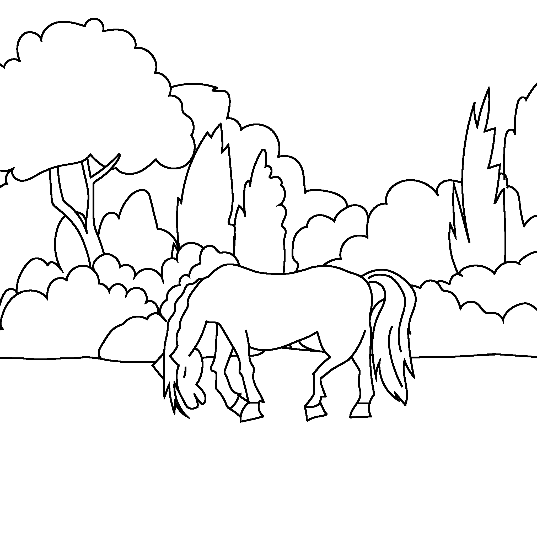 Ein braunes Pferd grast auf einer Wiese. Daneben sind zwei Kaninchen und ein Igel, umgeben von Bäumen und Bergen. Gott hat alles wunderbar geschaffen.