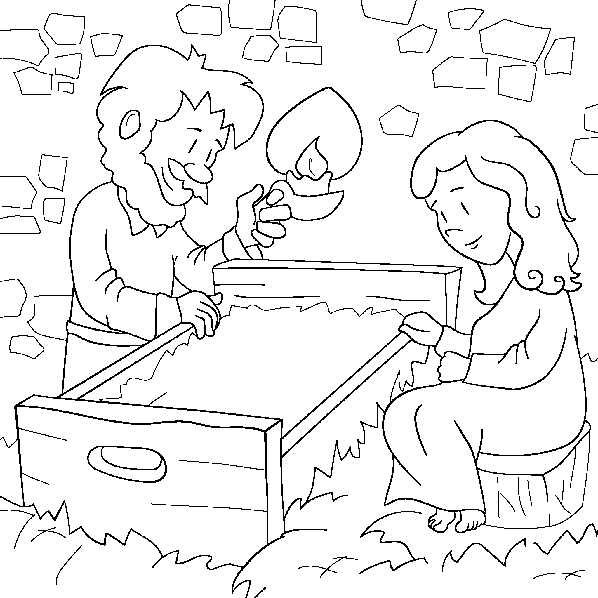 Josef hält eine Kerze über der Krippe und schaut zusammen mit Maria auf das Baby. Zeichne das Jesuskind in der Krippe.