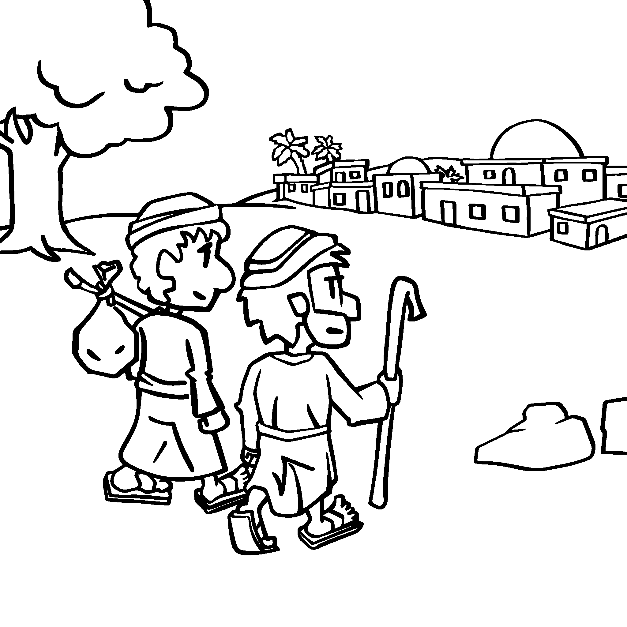 Zwei Jünger gehen traurig auf dem Weg zum Dorf Emmaus.